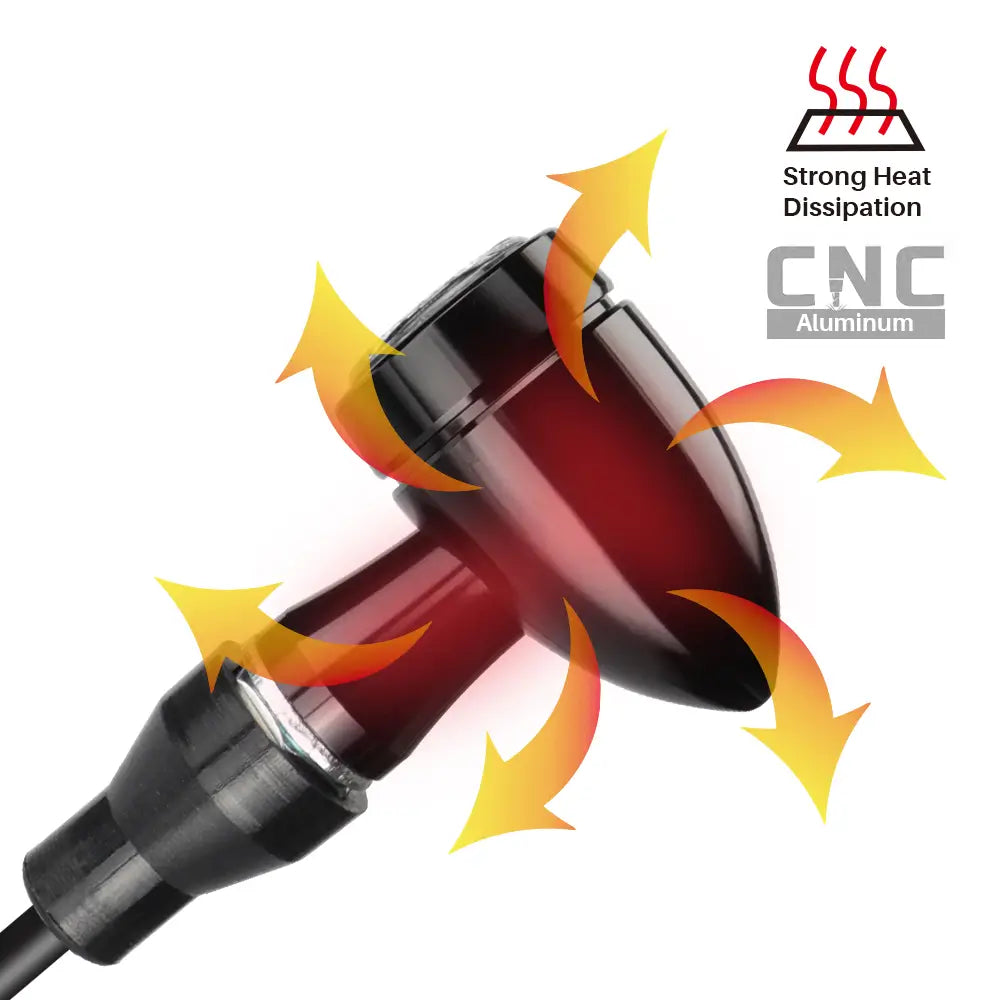 Housing base of the Bullet style motorcycle turn signals made of CNC aluminum, which is sturdy and offers better heat dissipation.