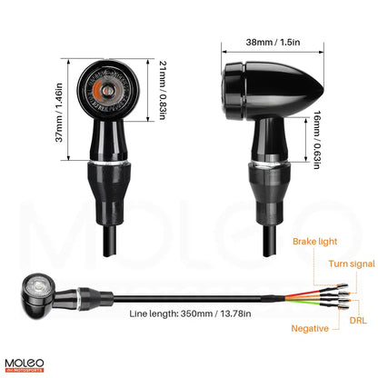 Size and Wiring Diagram for Motorcycle Bullet Style Rear 3 in 1 LED Turn Signals