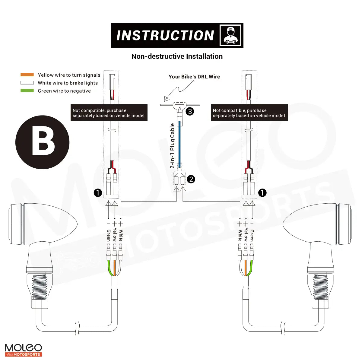 MOLEO Bullet 2-in-1 Motorcycle Turn Signal Non-destructive Installation with Plug Cable