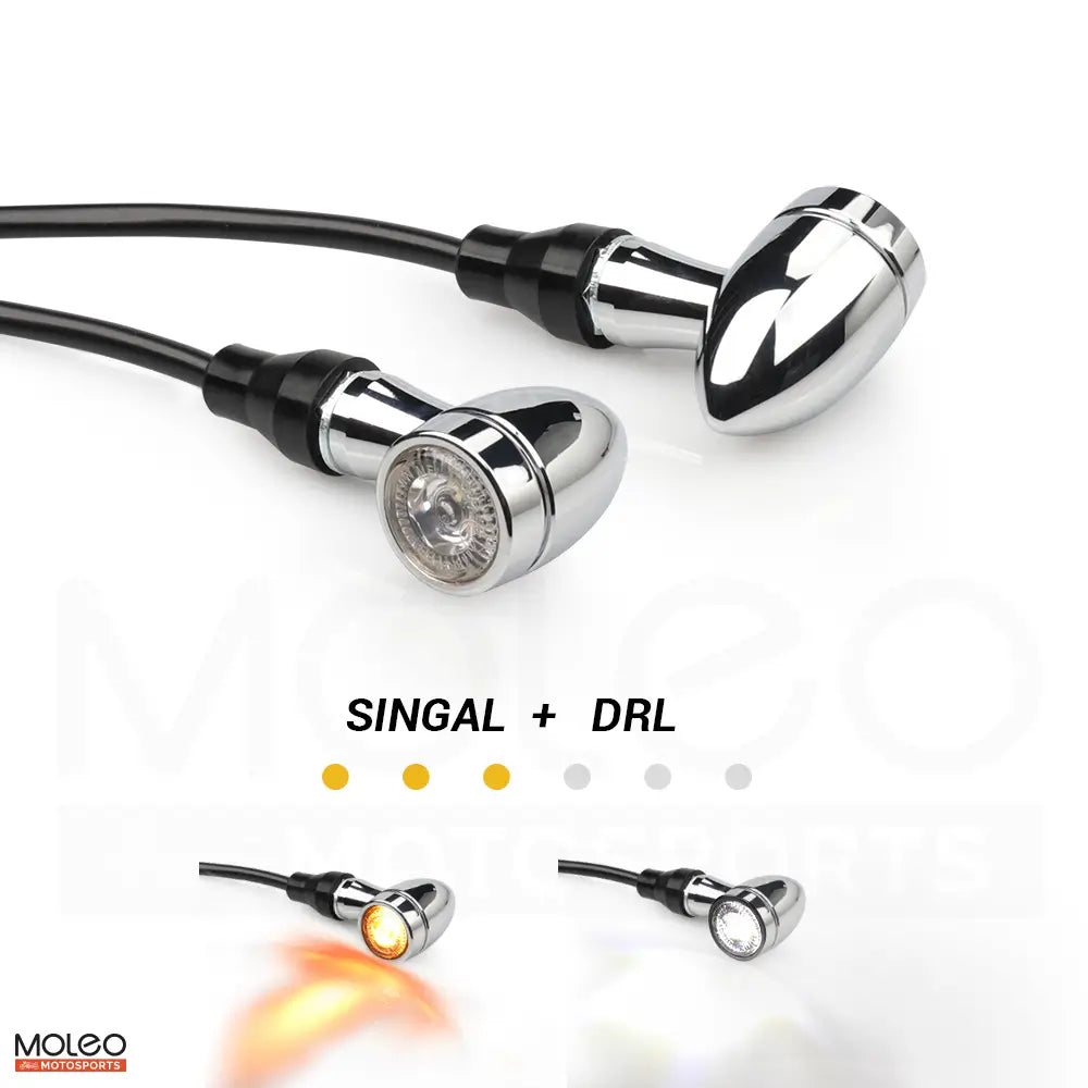 MOLEO Chrome Plated Bullet Motorcycle 2 in 1 Front LED Turn Signals with DRL.