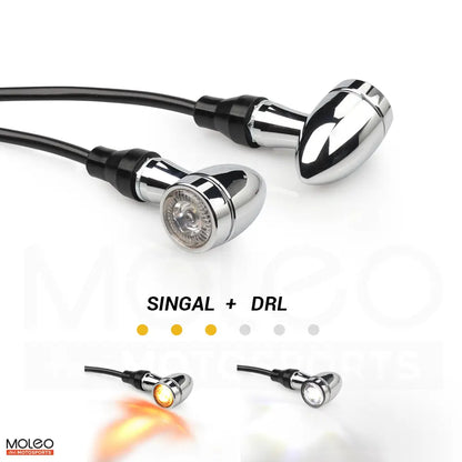 MOLEO Chrome Plated Bullet Motorcycle 2 in 1 Front LED Turn Signals with DRL.