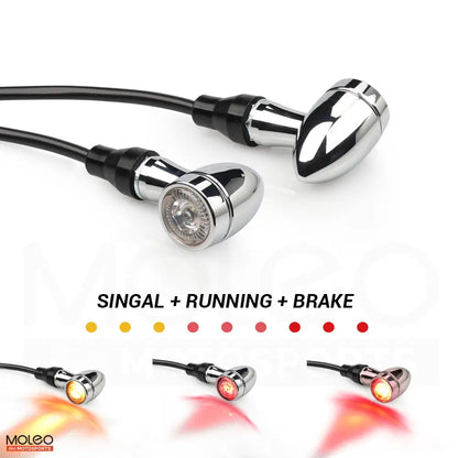 MOLEO Chrome Plated Bullet Motorcycle 3-in-1 Rear LED Turn Signals with Running Light & Brake Light