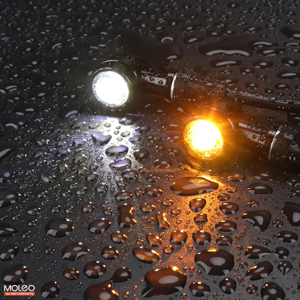 MOLEO Motosports Bullet Style 2 in 1 Motorcycle LED Turn Signals with IP67 Waterproof Rating.
