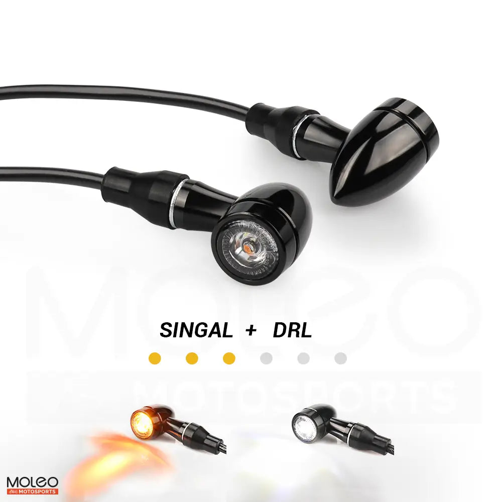 MOLEO Motosports Bullet Style Motorcycle 2 in 1 Front LED Turn Signals with Daytime Running Light.
