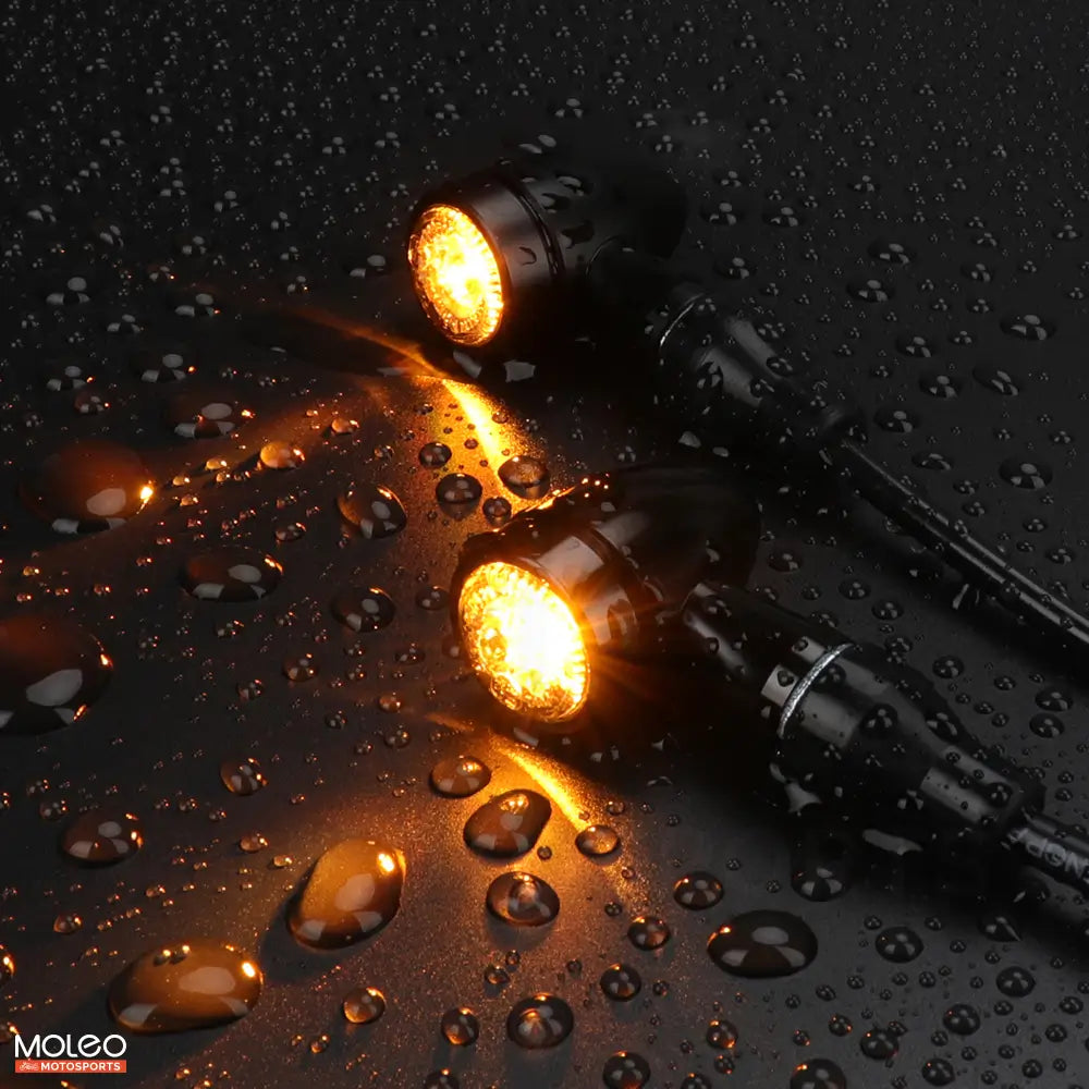 MOLEO Motosports Bullet Style Motorcycle LED Turn Signals with IP67 Waterproof Rating.