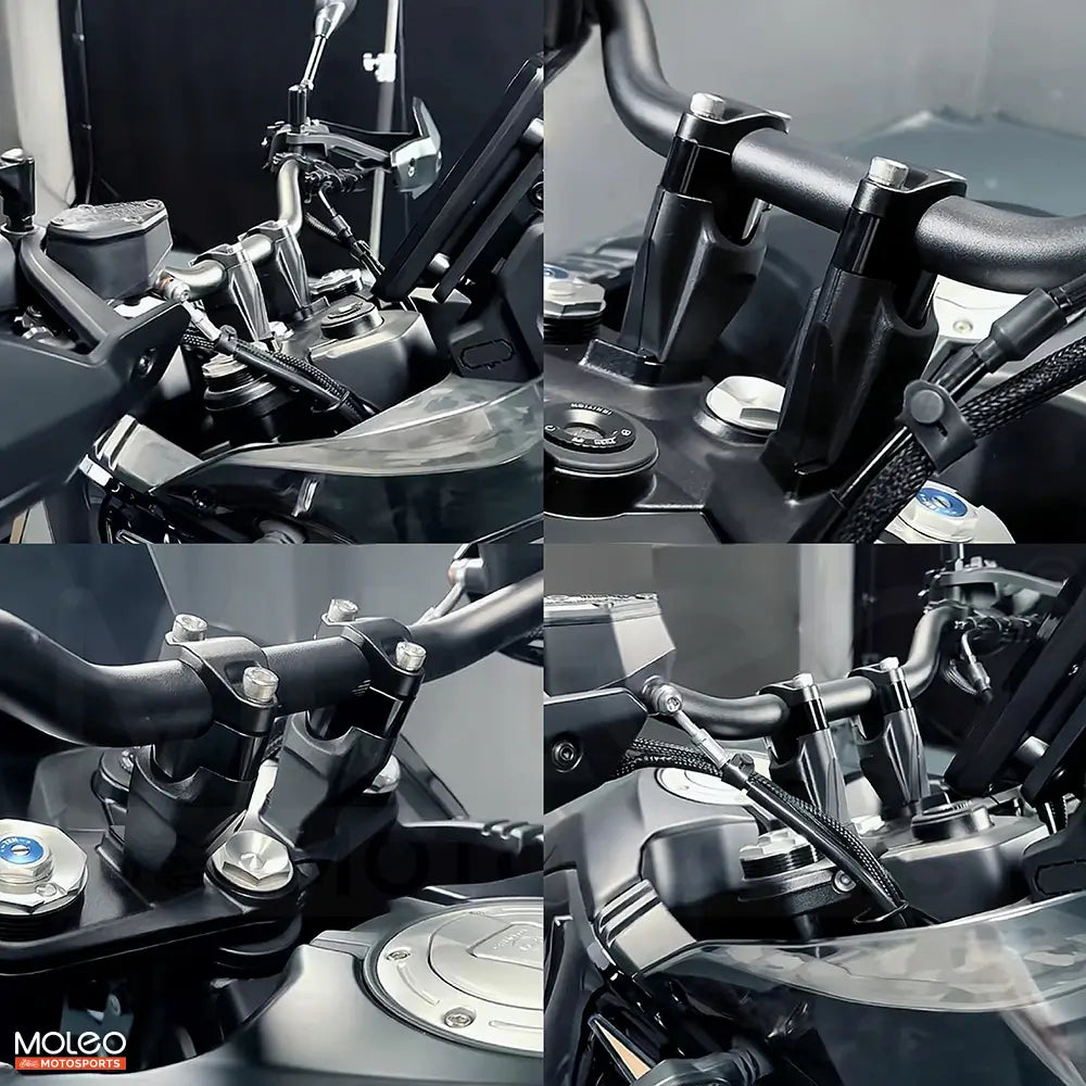 Multi-angle display of Handlebar Risers on CFMoto 450MT.
