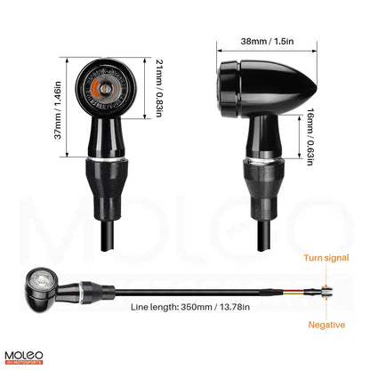 Size and Wiring Diagram for Bullet Style Motorcycle Front Rear LED Turn Signals.