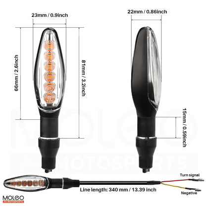 Size and Wiring Diagram for Matte Black Aluminium Motorcycle Sequential Led Turn Signals.