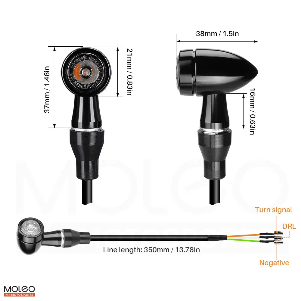 Size and Wiring Diagram for Motorcycle Bullet Style Front 2 in 1 LED Turn Signals.