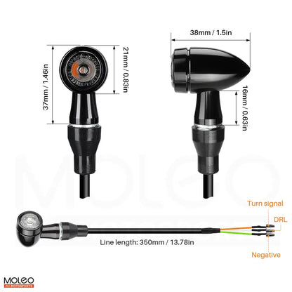 Size and Wiring Diagram for Motorcycle Bullet Style Front 2 in 1 LED Turn Signals.