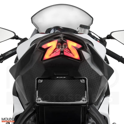 The tail light glowing red to emphasize the ZX-6R’s wind-cheating form