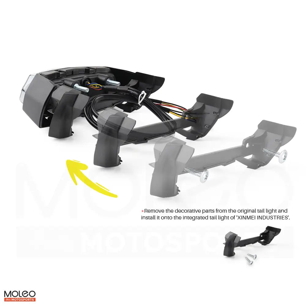 When installing MOLEO integrated tail light for the Yamaha Tenere 700, remove the rear decorative trim piece from the original tail light and attach it to the new one.